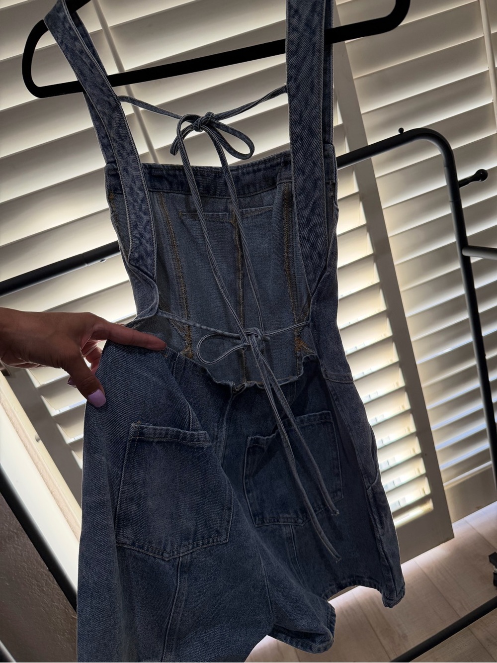 Light Blue Denim Mini Dress Romper - Women’s Square-Neck Playsuit - Picture 4 of 5